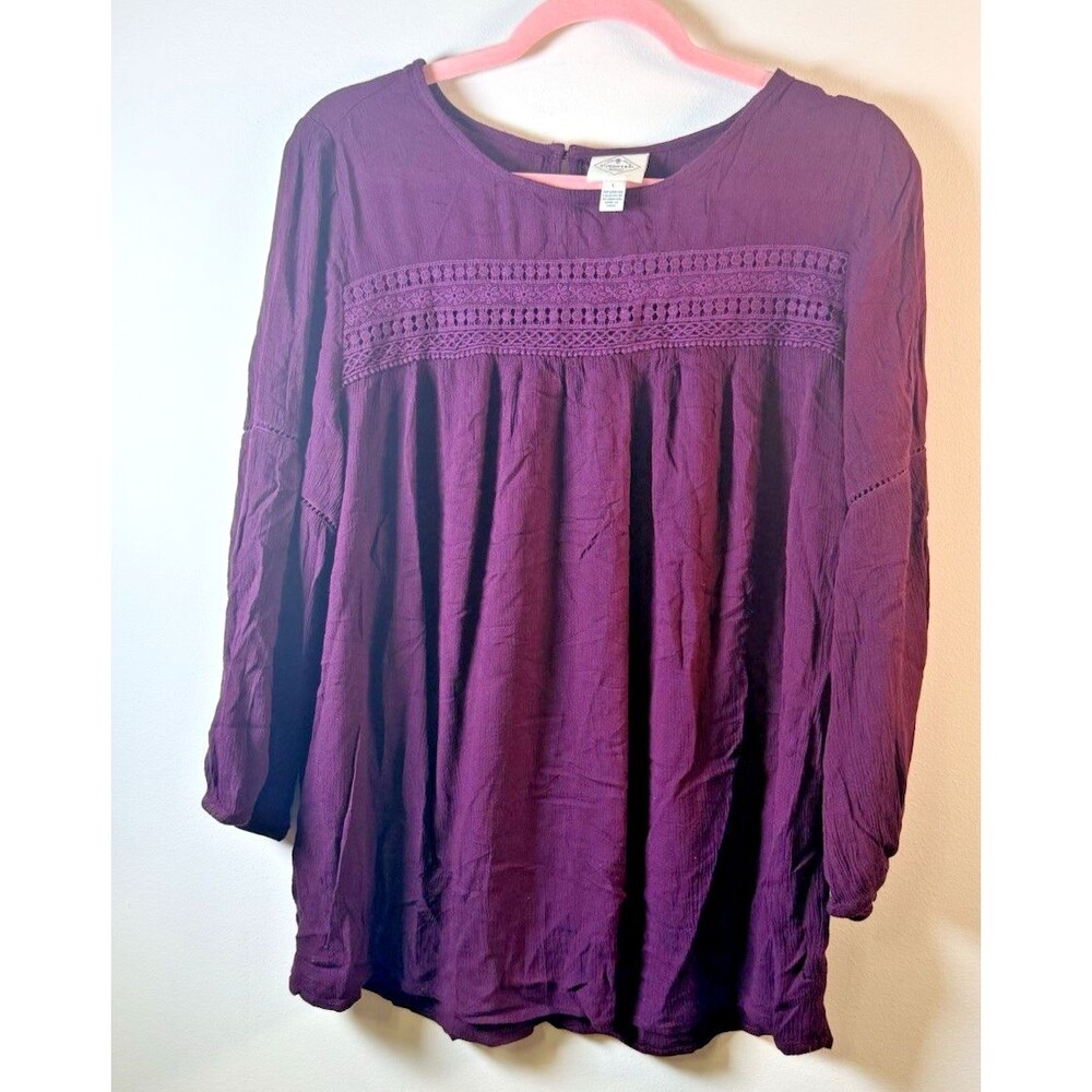 St. John's Bay Womens Purple Lace Yoke Peasant Round Neck 3/4 Sleeve Blouse - L